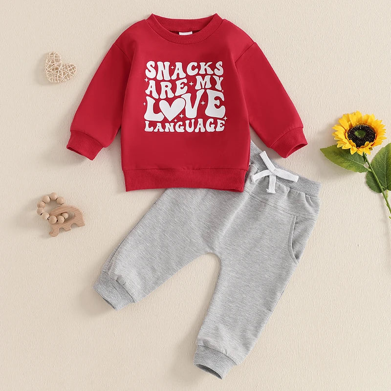 Baby Toddler Boys Girls 2Pcs Snacks Are My Love Language Valentine's Day Outfit Letter Print Long Sleeve Top and Elastic Pants Jogger Set Valentines