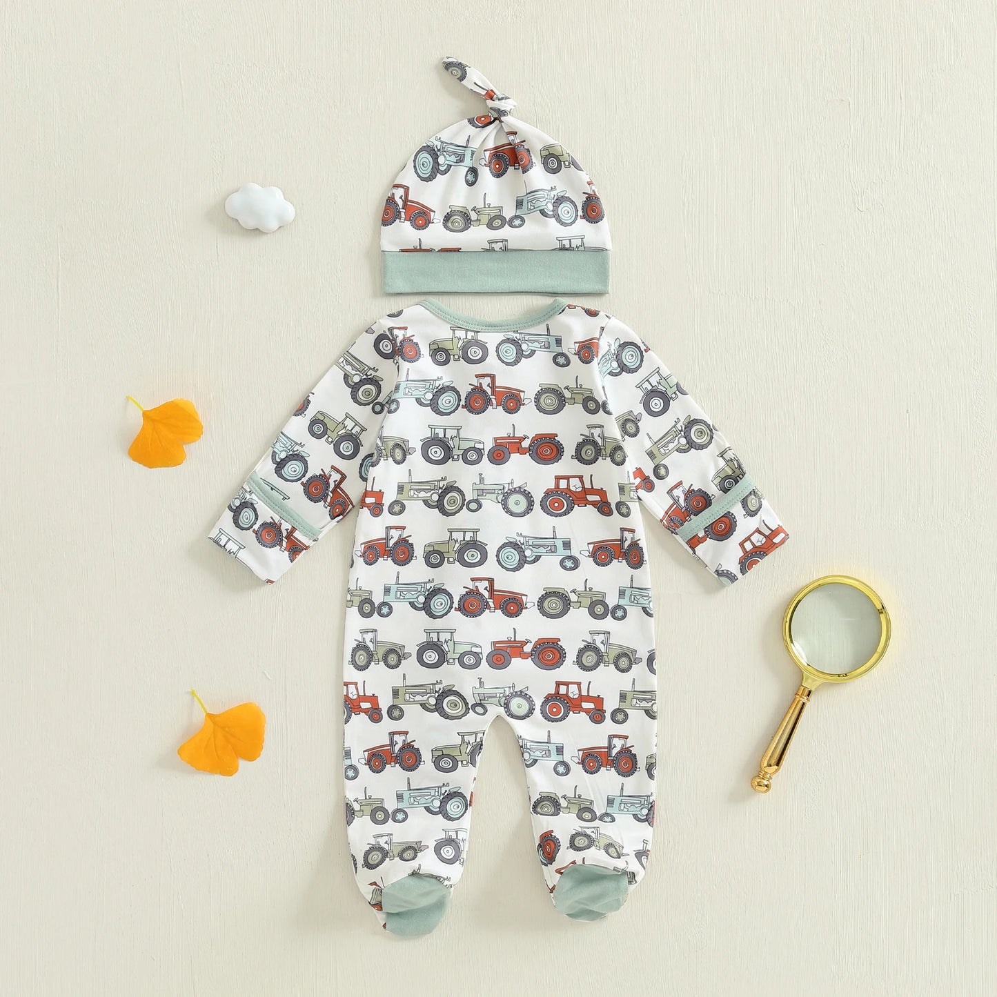 Baby Boys 2Pcs Fall Footed Romper Cute Tractor Pattern Round Neck Long Sleeve Zipper Jumpsuit with Hat Set
