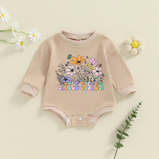 Baby Girls Little Sister Romper Long Sleeve Crew Neck Flower Letters Print Bodysuit