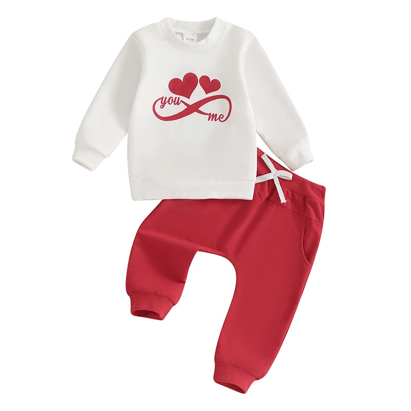 Baby Toddler Boys Girls 2Pcs Valentine's Day Outfit Heart Truck / Infinity You Me / Candy Hearts Print Crew Neck Long Sleeve Top Long Pants Valentines Jogger Set