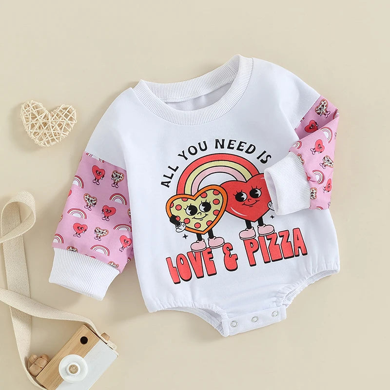 Baby Girls Bubble Romper Valentine's Day Heart Print Letters All You Need Is Love & Pizza Heart Long Sleeve Jumpsuit