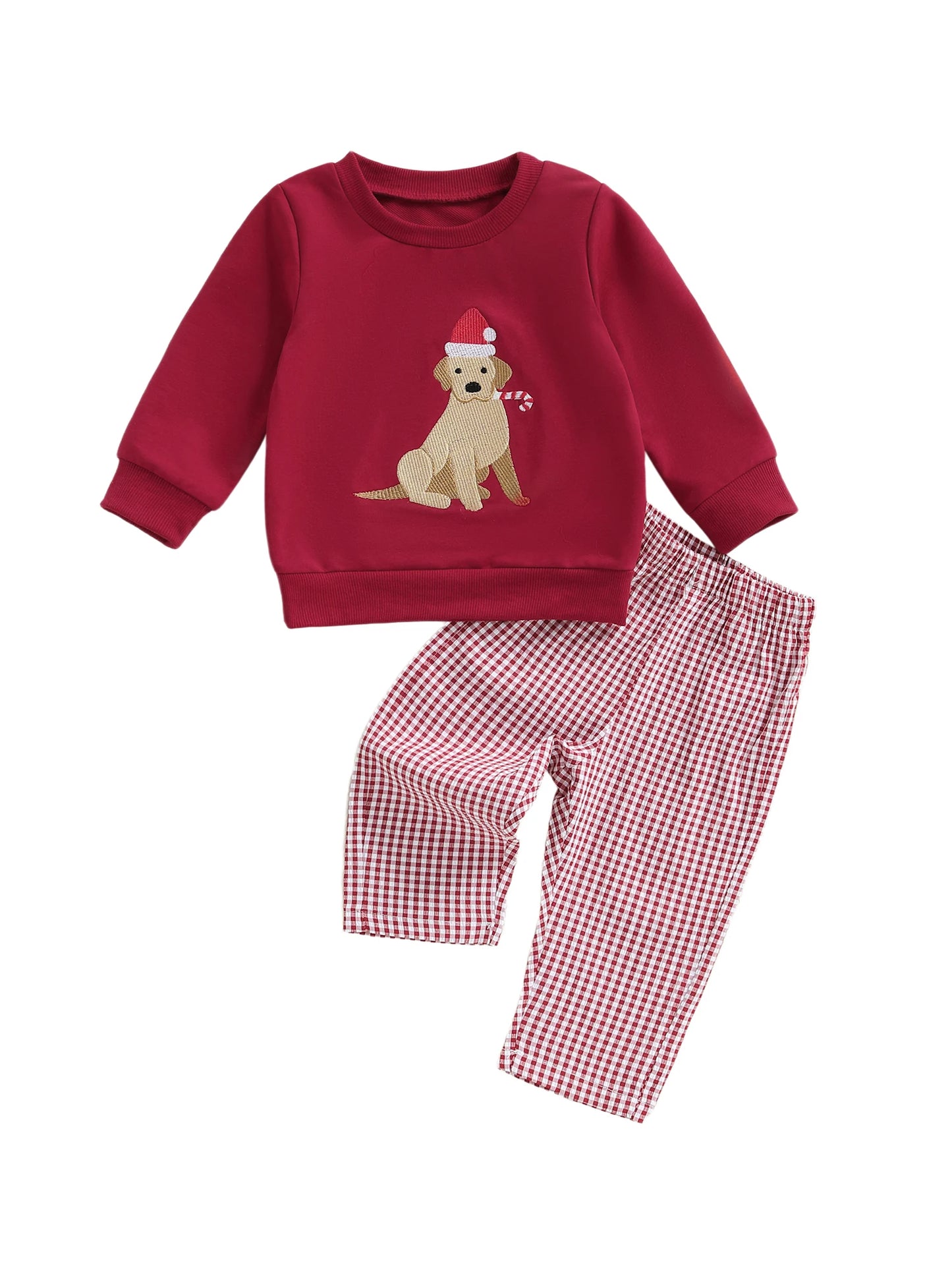 Baby Toddler Girls Boys 2Pcs Christmas Outfit Dog Embroidered Crew Neck Long Sleeve Top and Plaid Pants Set