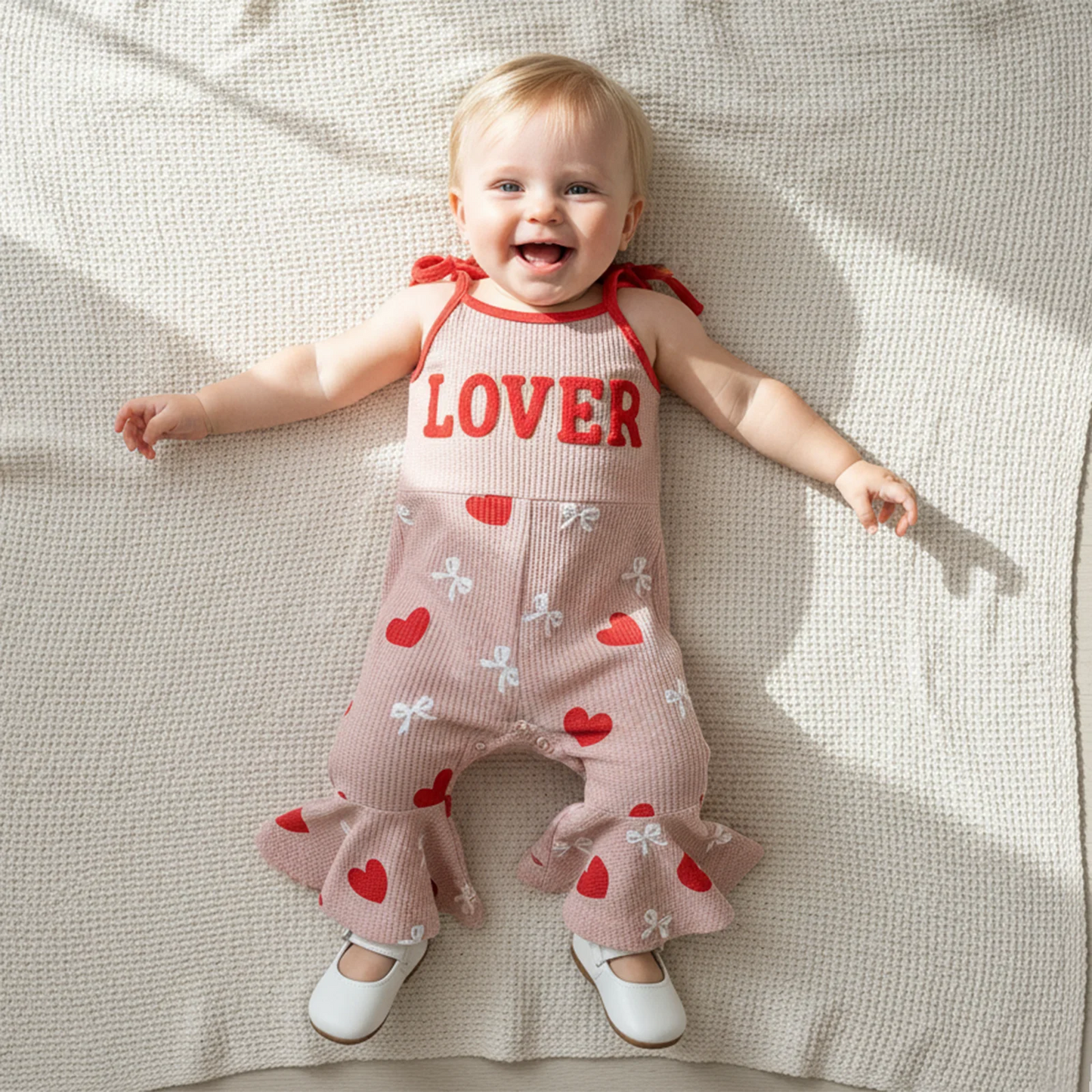 Baby Toddler Girls LOVER Valentine's Day Tank Top Flare Leg Overalls Jumpsuits Letter Embroidery Heart Print Bell Bottom Romper