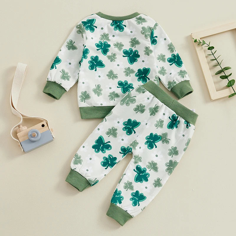 Baby Toddler Girls Boys 2Pcs St. Patrick's Day Outfits Shamrock Print Long Sleeve Top and Long Pants Set