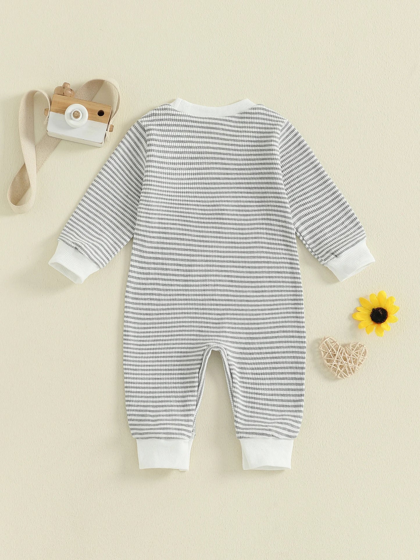 Baby Boys Mama's Boy Fall Romper Letter Embroidery Long Sleeve Round Neck Full Length Waffled Stripe Jumpsuit
