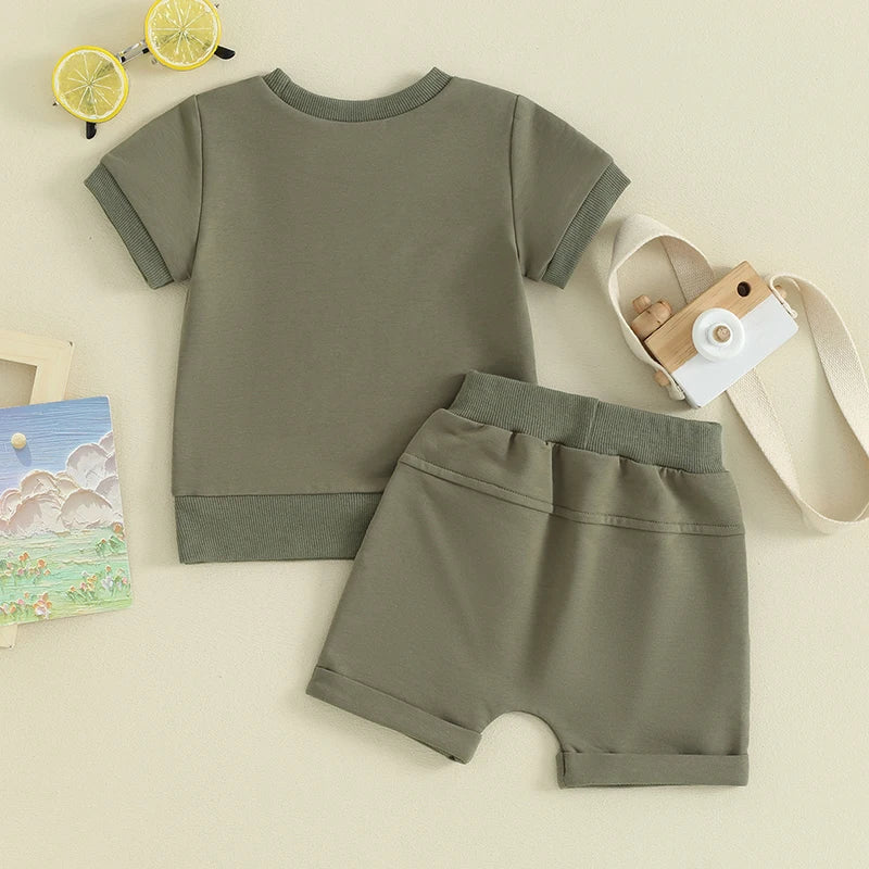 Baby Toddler Boy 2Pcs Auntie's Boy Shorts Set Letter Print Short Sleeve Round Neck Top with Solid Color Shorts Outfit