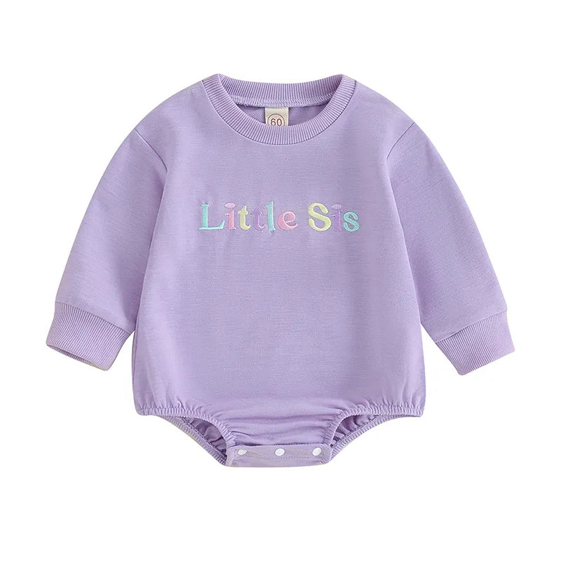 Toddler Baby Girls Clothes Sister Matching Outfits Letter Big Little Sis Embroidery Long Sleeve Bubble Romper or Long Sleeve Top