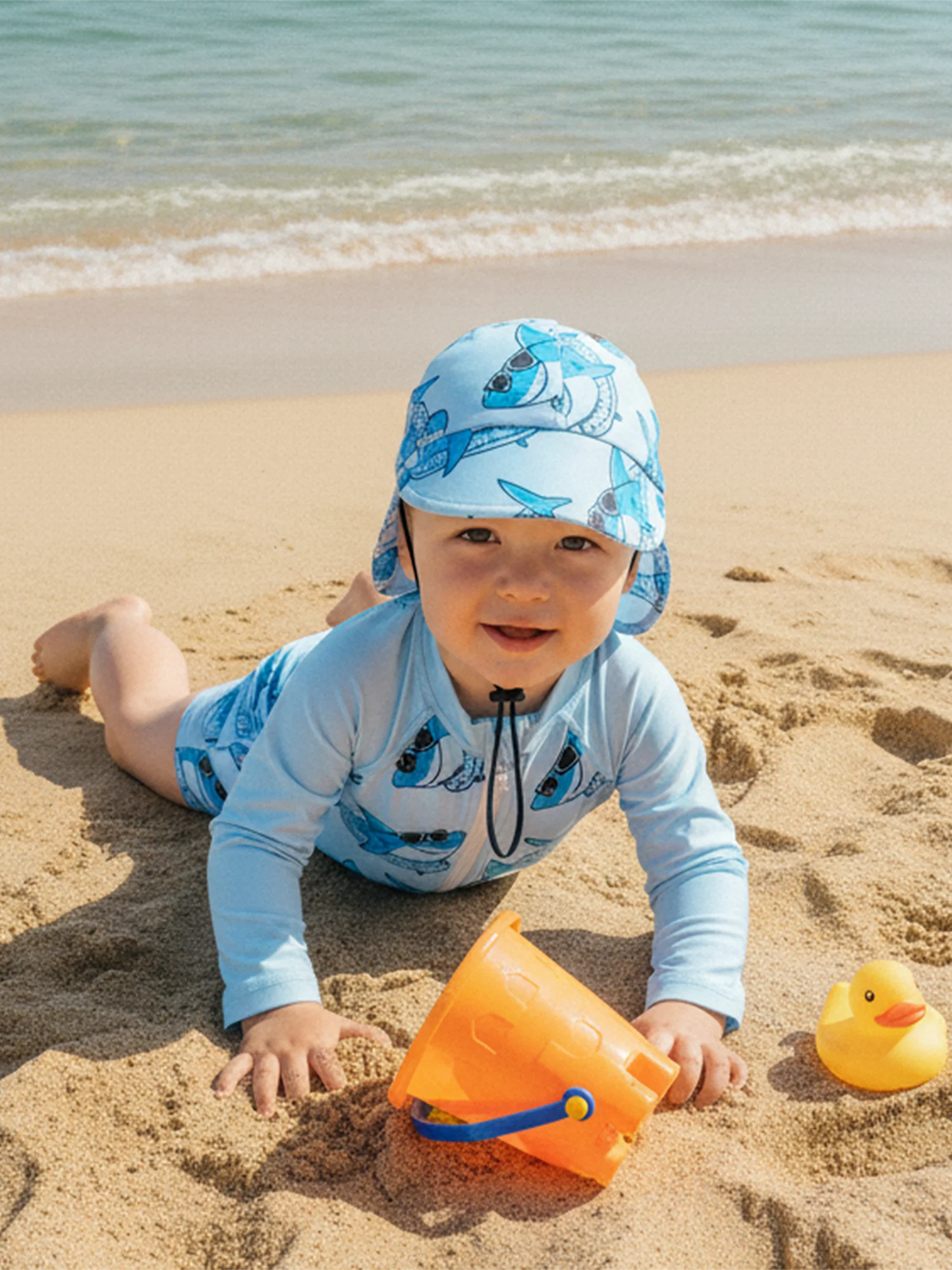 Baby Toddler Boys 2Pcs Rash Guard Swimsuit Shark Print Long Sleeve Zip Up Bathing Suit with Sun Cap Hat Set
