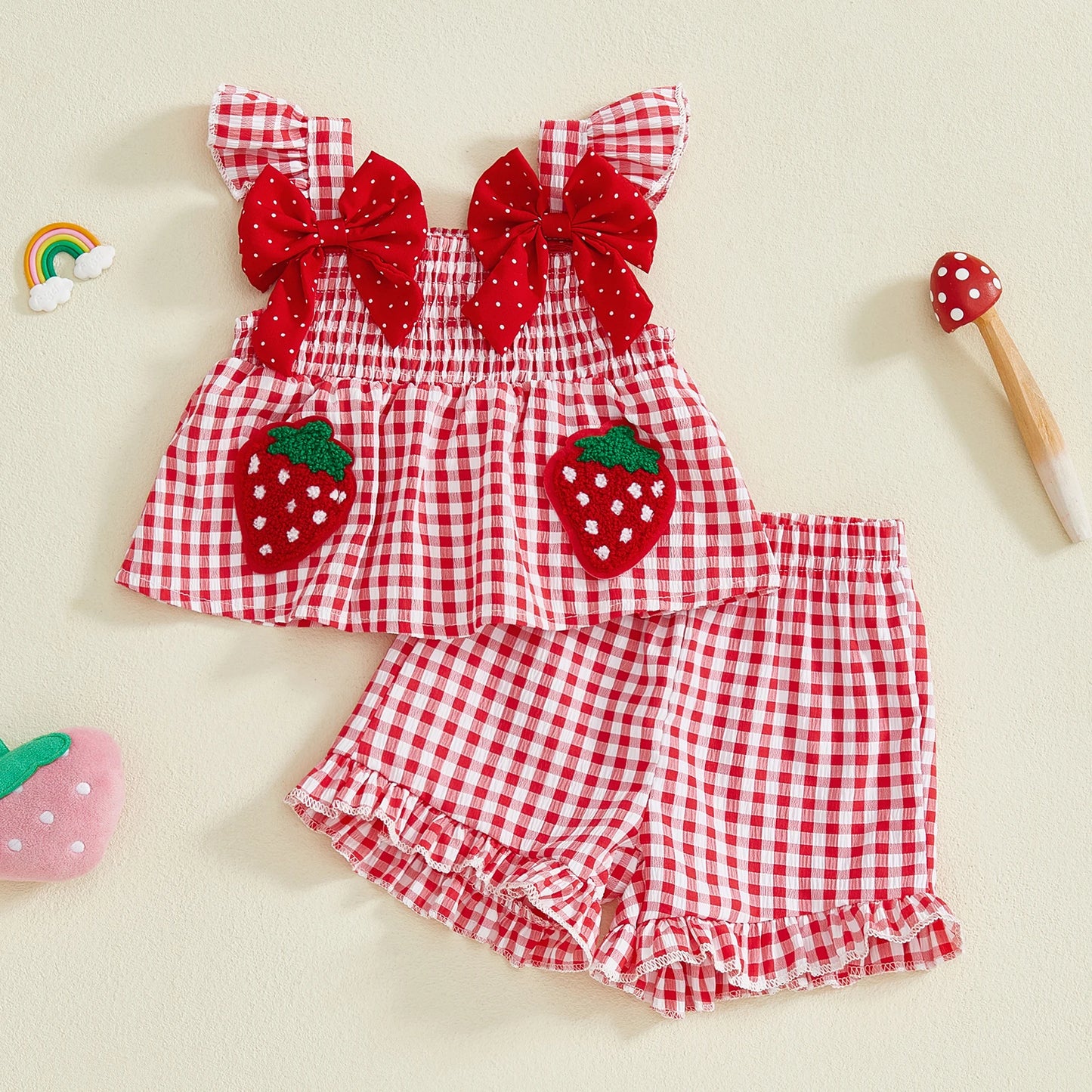 Baby Toddler Girls 2Pcs Spring Summer Outfit Strawberry Embroidered Plaid Bows Ruffled Trim Tank Top and Shorts Set