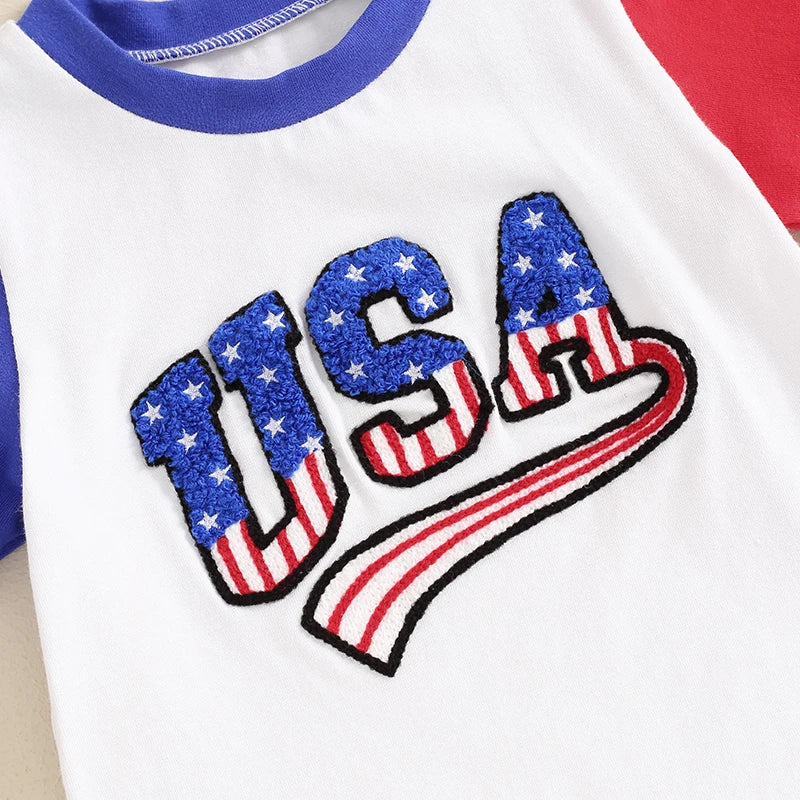 Baby Toddler Boys USA 4th of July Outfit Letter Embroidery Short Sleeve Top with Stripe Shorts for Independence Day Set