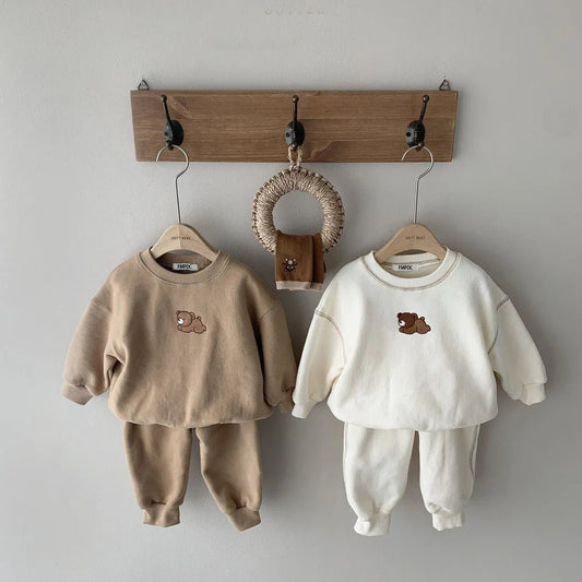 Baby Toddler Boys Girls 2Pcs Jogger Set Bear Embroidery Long Sleeve Crewneck Top + Pants Outfit