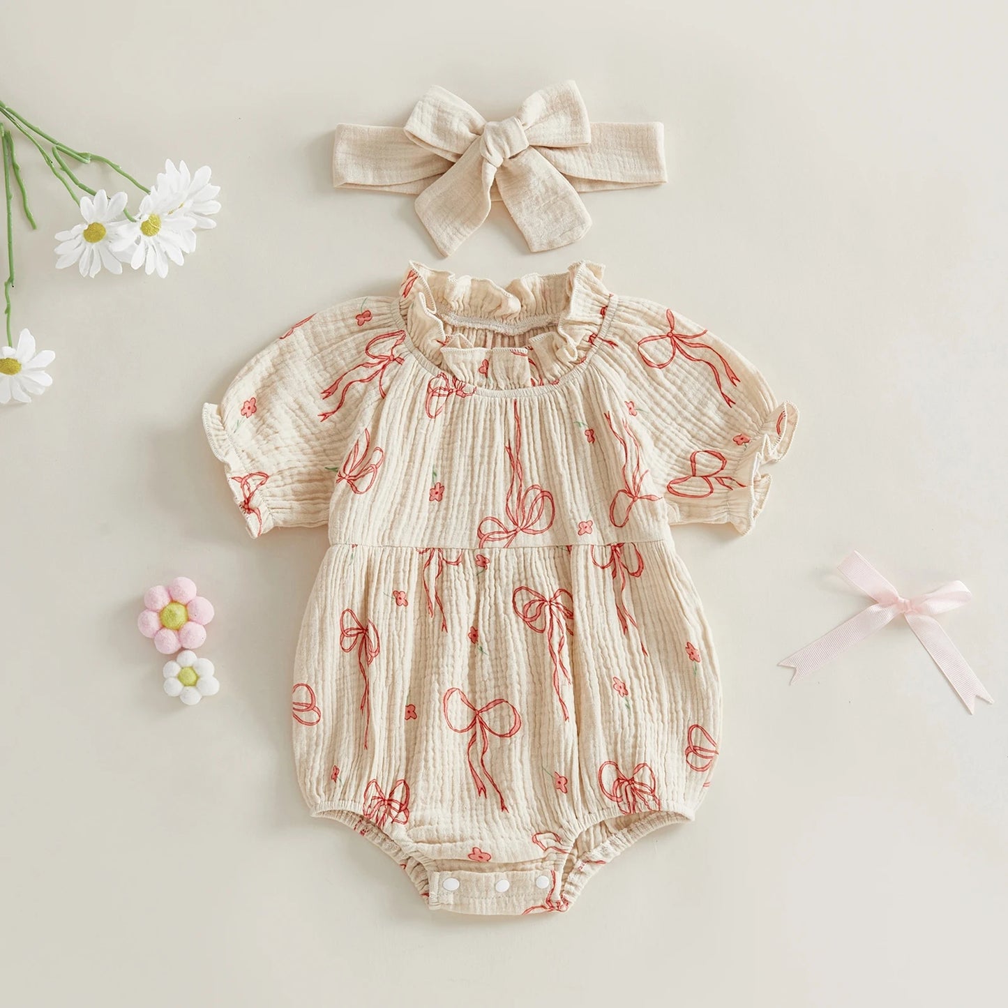 Baby Girls 2Pcs Outfit Cute Short Sleeve Round Neck Bow Flower Print Jumpsuit with Headband Set