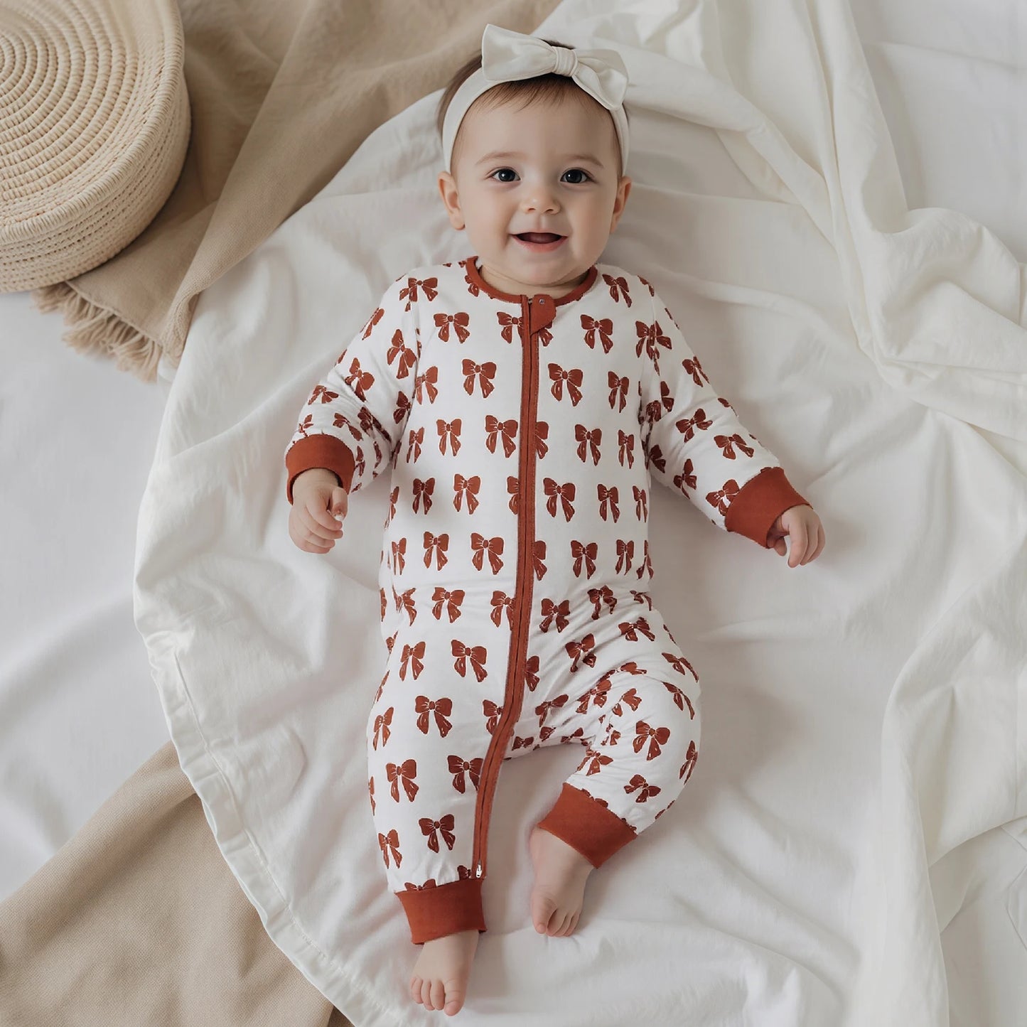 Baby Girl Zipper Romper Long Sleeve Round Neck Bow Print Jumpsuit