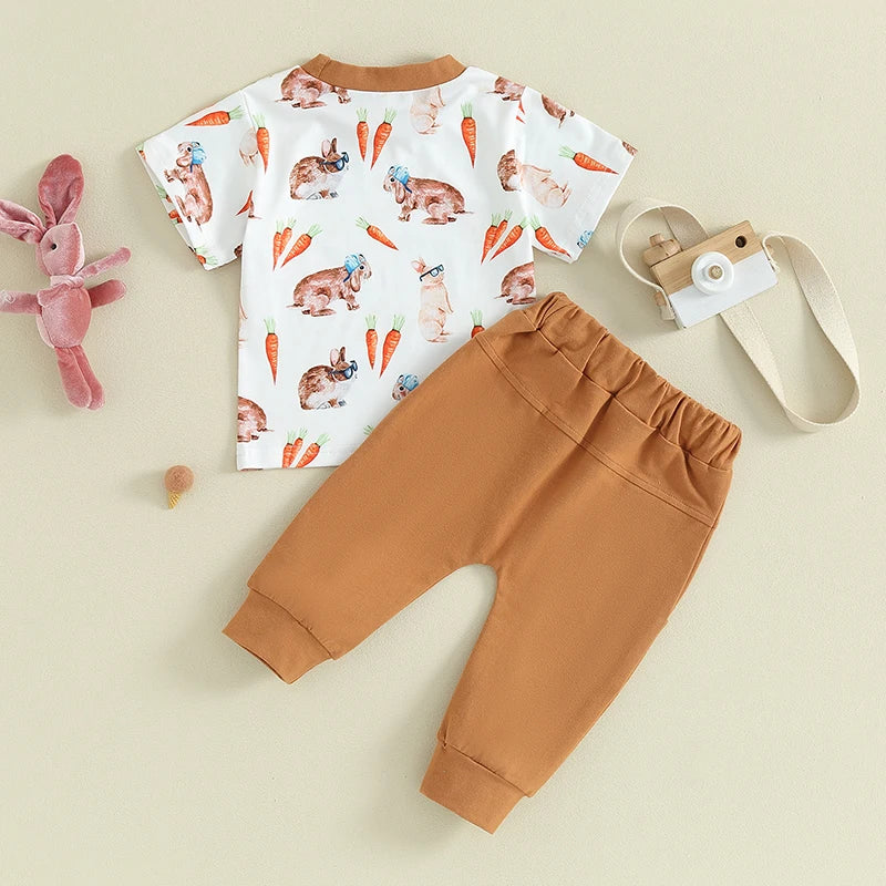 Baby Toddler Boy Girl 2Pcs Easter Outfit Carrot Rabbit Easter Bunny Print Short Sleeve T-Shirts Elastic Waist Long Pants Clothes Set