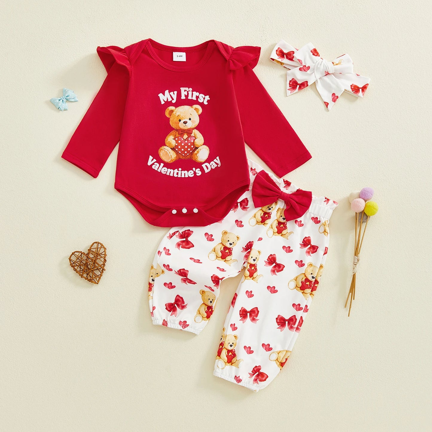 Baby Girl 3Pcs My First Valentine's Day Outfit Ruffle Long Sleeve Crew Neck Bear Print Romper Elastic Waist Pants and Headband Set