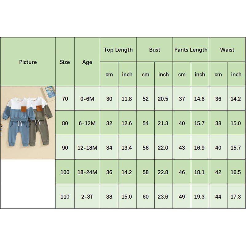 Baby Toddler Boys Girls 2Pcs Fall Outfits Contrast Color Pocket Long Sleeve Top Solid Long Pants Clothes Set