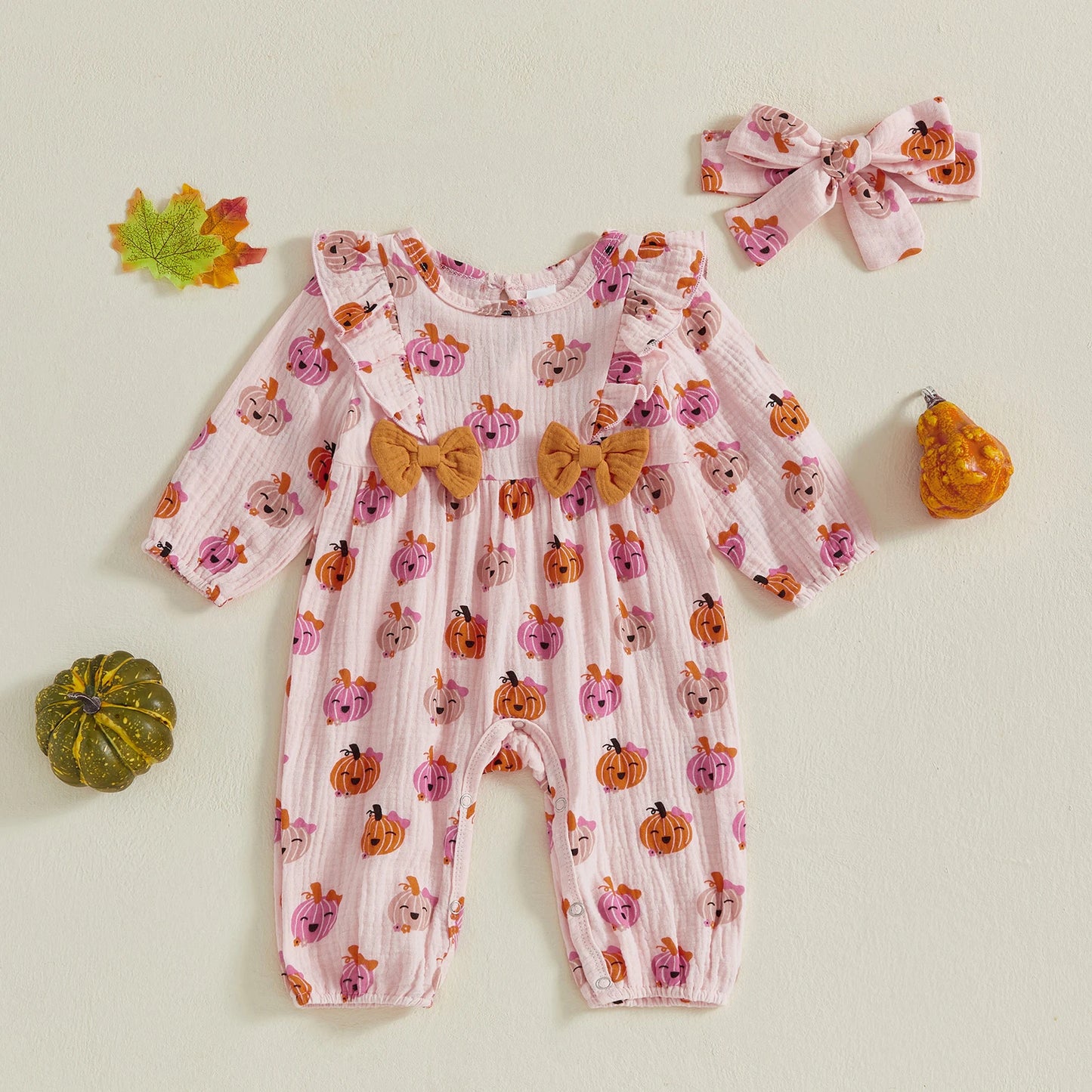 Baby Girl 2Pcs Halloween Outfit Pumpkin Ruffle Trim Long Sleeve Romper Tie-up Headband Cotton Linen Set