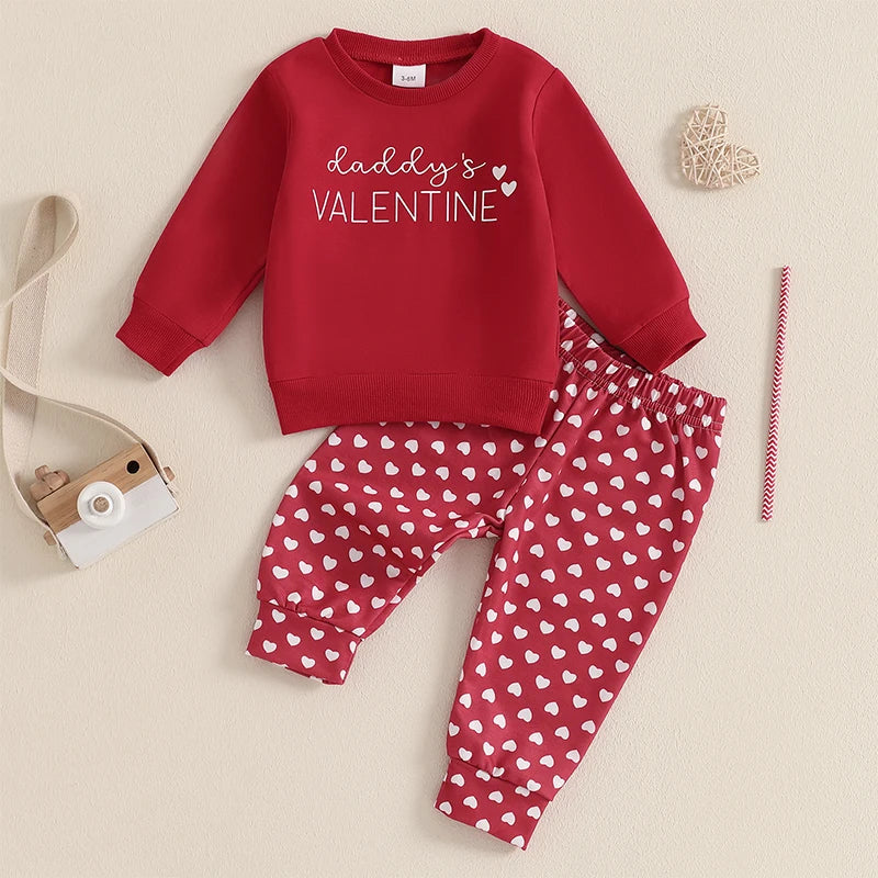 Baby Toddler Girls 2Pcs Daddy's Valentine Valentine's Day Outfit Letter Print Long Sleeve Crewneck Top with Heart Pattern Long Jogger Pants Valentines Set