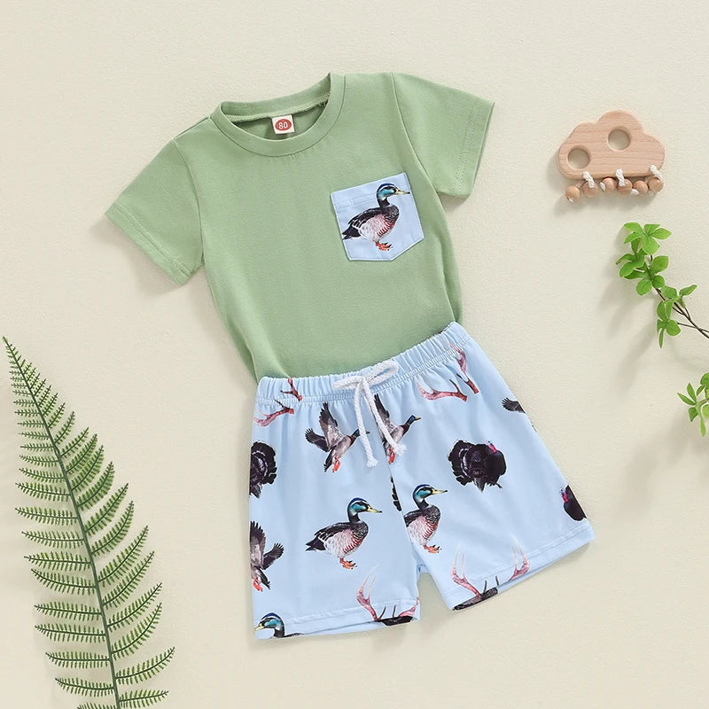 Baby Toddler Boys 2Pcs Summer Outfit Duck Print Short Sleeve Top Pocket Elastic Waist Shorts Set