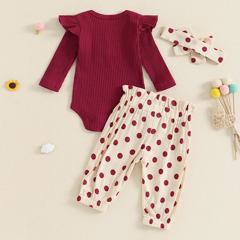 Baby Girls 3Pcs Fall Outfit Solid Color Crew Neck Long Sleeve Romper Polka Dot Print Long Pants Headband Set