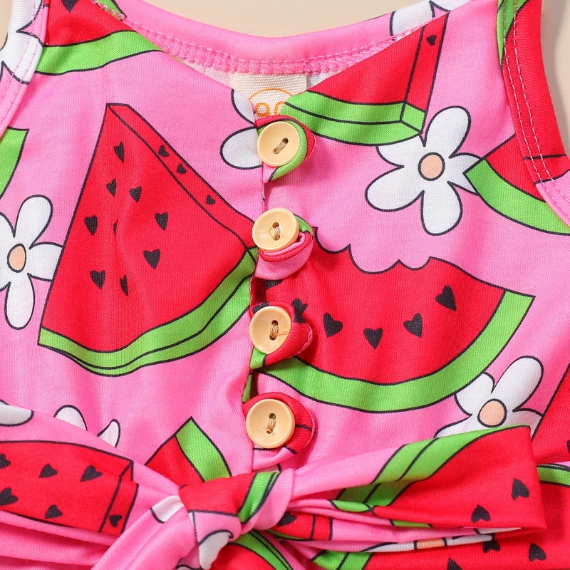 Baby Toddler Kids Girl Summer Jumpsuit Sleeveless Tie Strap Watermelon Print Belted Romper Shorts