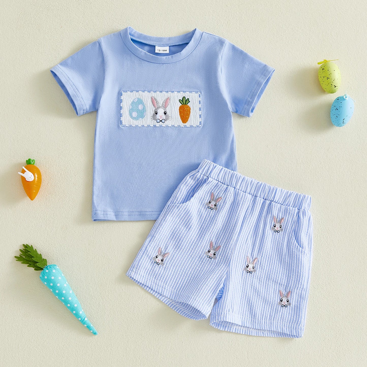 Baby Toddler Boys 2Pcs Easter Outfit Adorable Bunny Eggs Embroidery Short Sleeve Round Neck Top and Shorts Set