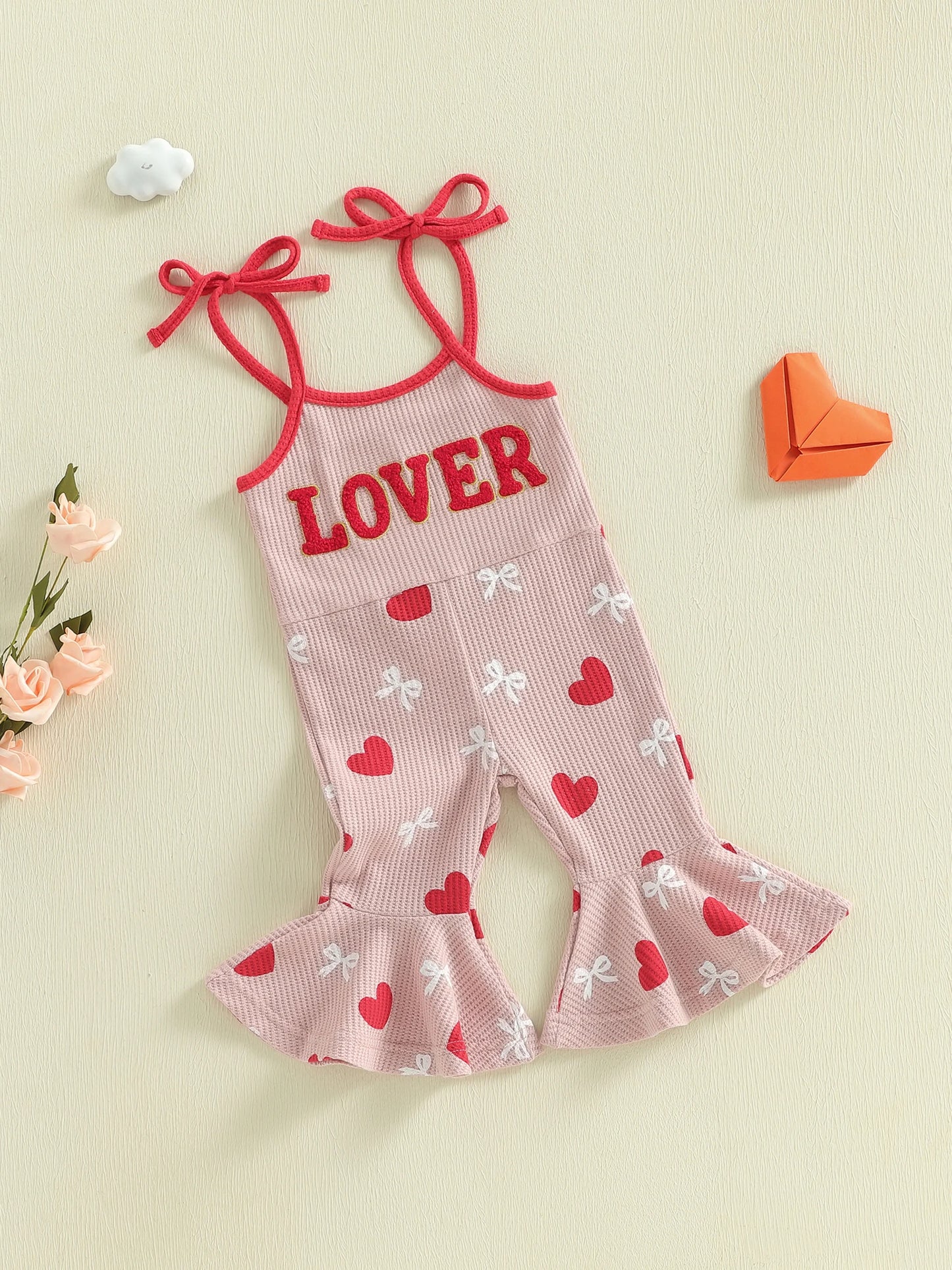 Baby Toddler Girls LOVER Valentine's Day Tank Top Flare Leg Overalls Jumpsuits Letter Embroidery Heart Print Bell Bottom Romper