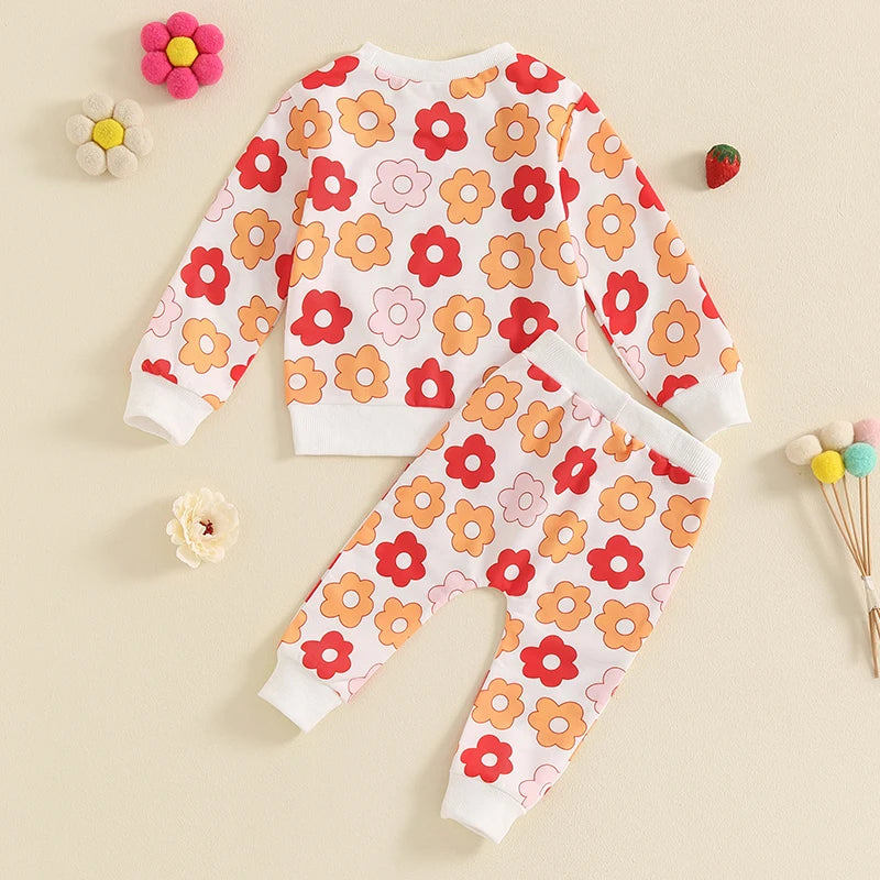 Baby Toddler Kids Girls 2Pcs Fall Outfit Floral Strawberry Flower Print Crew Neck Long Sleeve Top and Long Pants Clothes Set