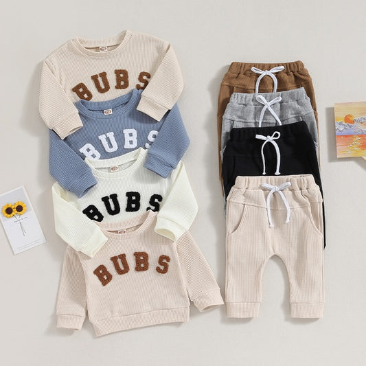 Baby Toddler Boys Girls 2PCS Long Sleeve Letter Embroidery Bubs Tops and Drawstring Pants Set