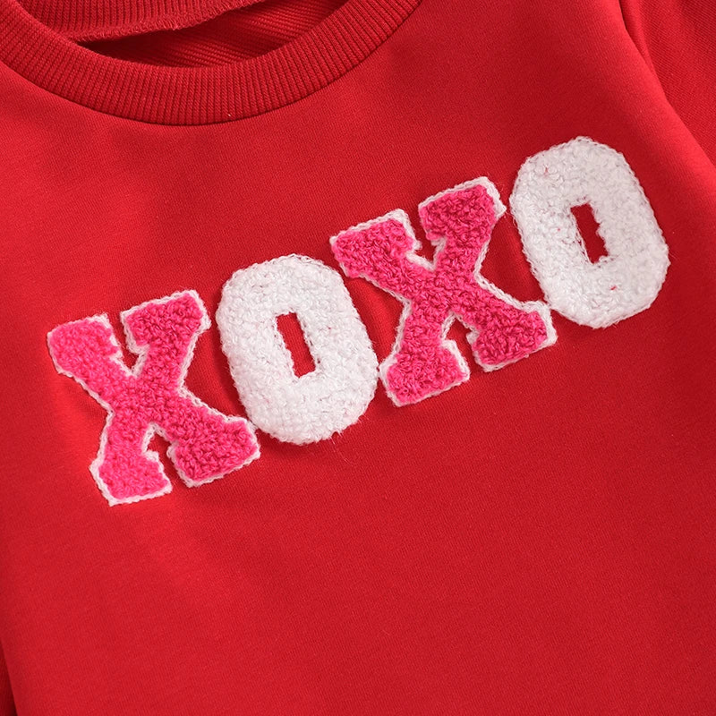 Baby Toddler Girls 2Pcs XOXO Valentine's Day Outfit Letter Embroidery Crew Neck Long Sleeve Top Flare Lolipop Print Pants Clothes Set Valentines