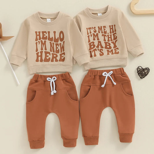 Baby Toddler Girls Boys 2Pcs Hello I'm New Here / It's Me Hi I'm The Baby Autumn Long Sleeve Letter Print Top Drawstring Pants Set