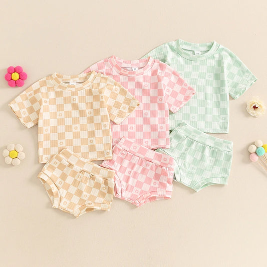 Baby Toddler Girls 2Pcs Summer Set Short Sleeve Checkerboard Flower Print Top Shorts Bloomers Outfit