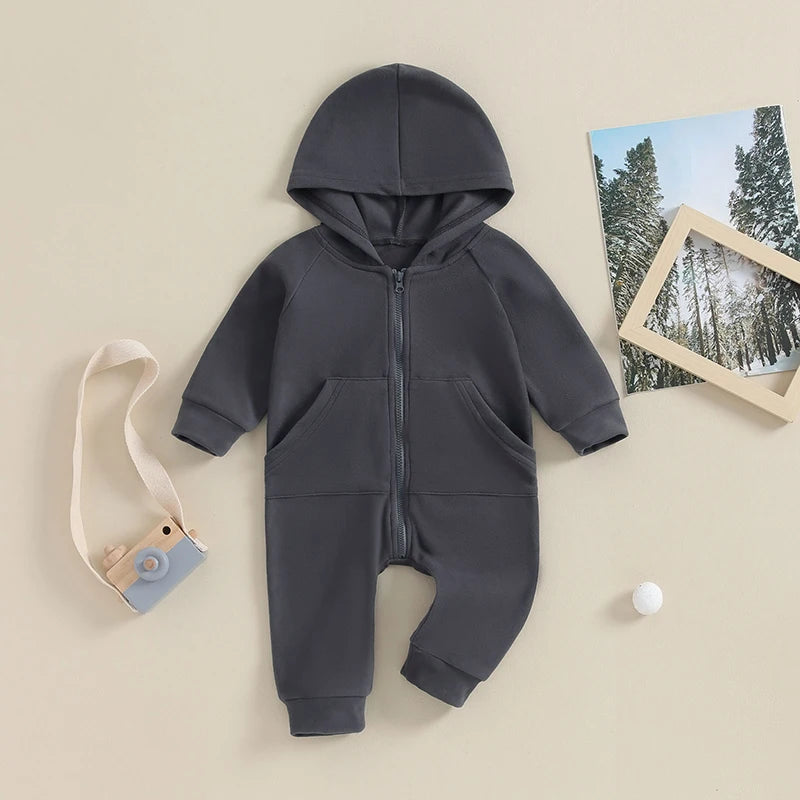 Baby Boy Girl Zipper Romper Long Sleeve Hooded Jumpsuit Solid Color Warm Bodysuit