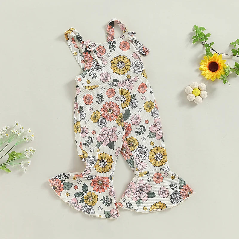 Baby Toddler Girl Summer Romper Casual Knotted Straps Floral Flowers Strawberry Print Sleeveless Flared Pant Jumpsuit