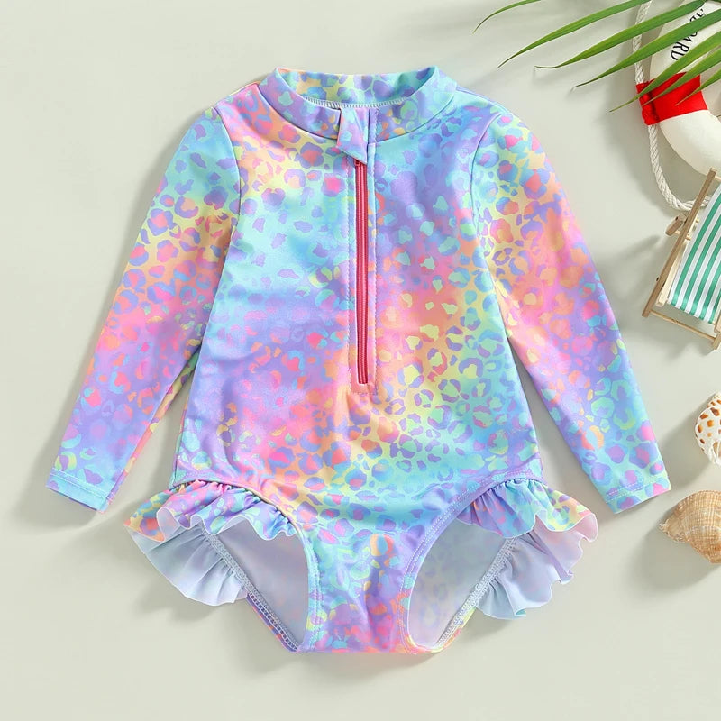 Baby Toddler Kids Girl Swimsuit Fish Scale Print Ruffles Long Sleeve Zipper Jumpsuit Swimwear Beachwear Romper
