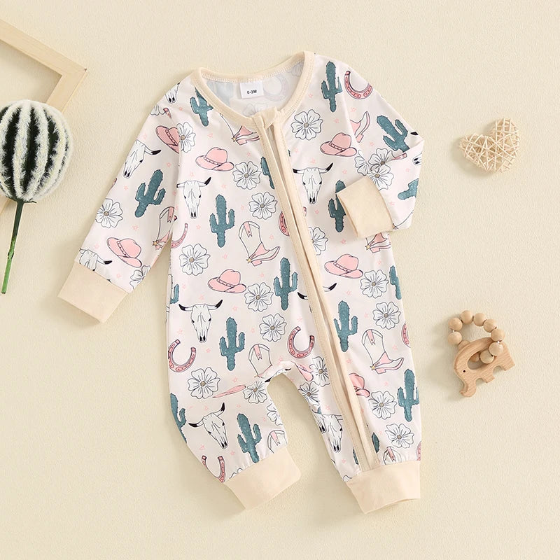 Baby Toddler Boys Girls Casual Jumpsuit Long Sleeve Cattle Head Cow Cactus Candy Cane Snowflake Print Zipper Romper