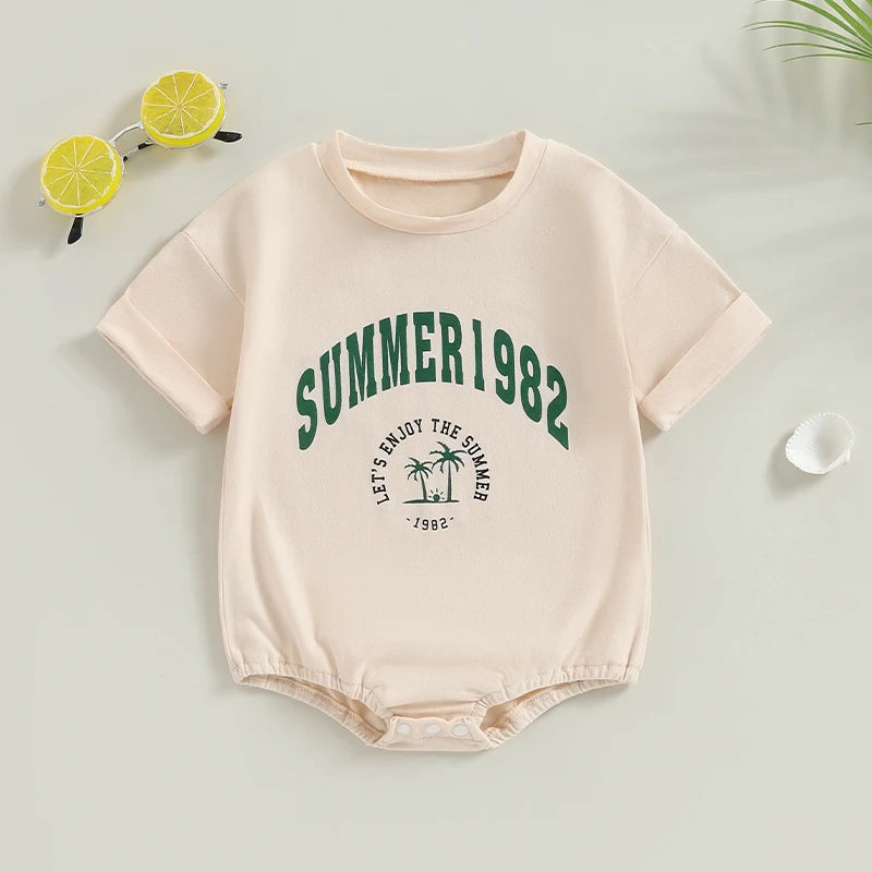 Baby Girls Boys Summer 1982 Romper Letter Palm Tree Print Round Neck Short Sleeve Casual Jumpsuits Clothes