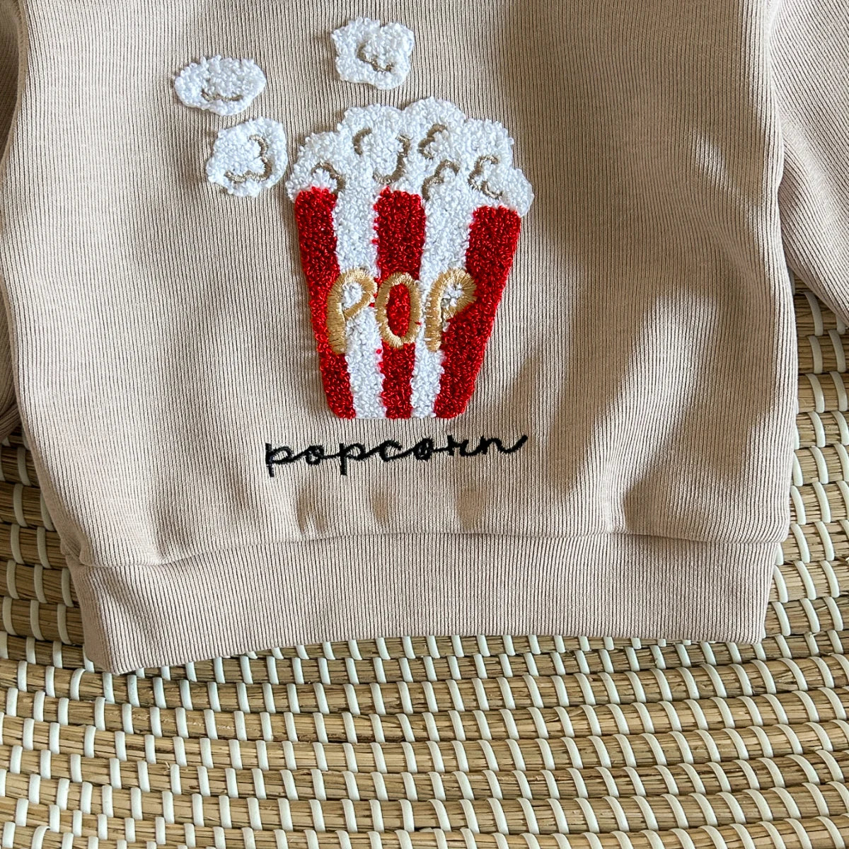 Baby Toddler Girls Boys 2Pcs Popcorn / Muffin Bon Appetit Embroidery Pullover Long Sleeve Top + Pants Set Outfit