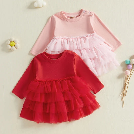 Baby Toddler Girl Fall Winter Christmas Valentine's Day Dress Solid Color Round Neck Long Sleeve A-line Tulle Tutu Princess Dress