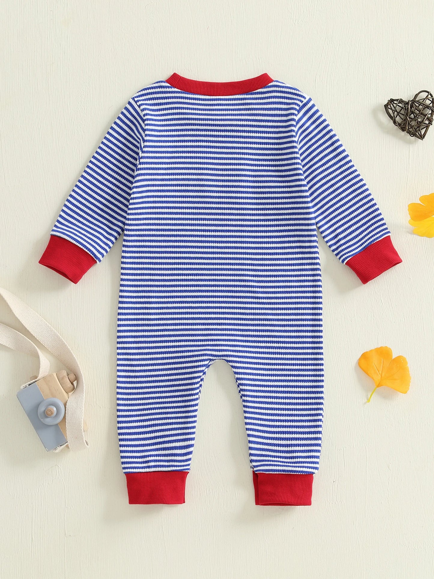Baby Boy Fall Romper Striped Fire Truck Embroidered Crewneck Long Sleeve Full Length Jumpsuit