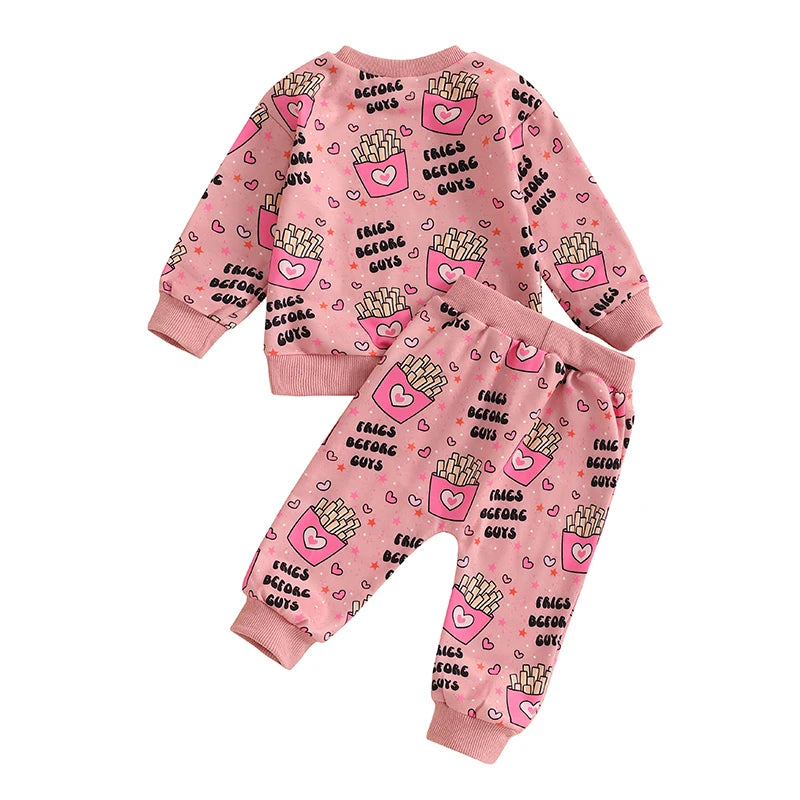 Baby Toddler Girls 2Pcs Fries Before Guys Valentine's Day Outfit French Fries Print Long Sleeve Crewneck Top and Elastic Waist Pants Jogger Set