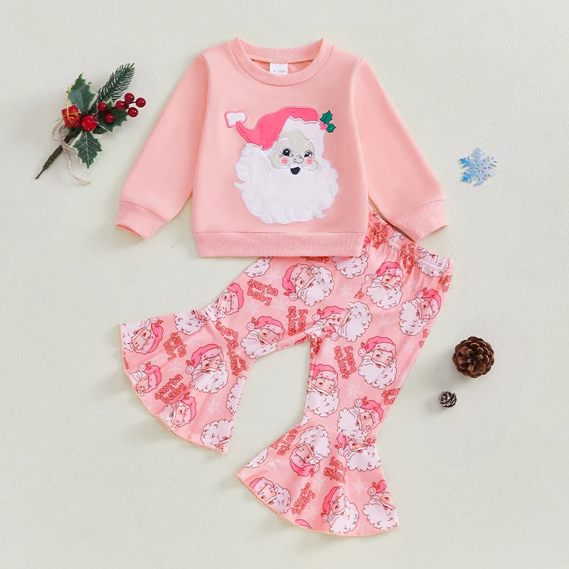 Baby Toddler Girl 2Pcs Christmas Outfit Santa Embroidery Long Sleeve Crewneck Top and Flare Pants Set