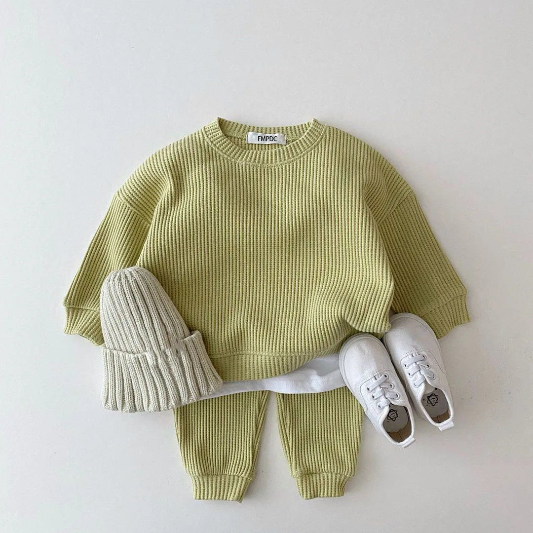 Baby Toddler Girls Boys 2Pcs Long Sleeve Waffle Crewneck Top + Pants Jogger Set Outfit