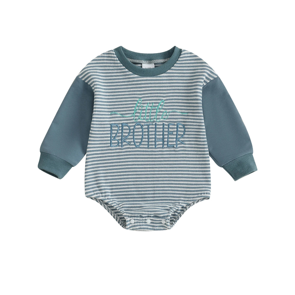 Baby Boys Girls Fall Romper Stripe Letter Little Brother Sister Embroidery Long Sleeve Crew Neck Bubble Jumpsuit
