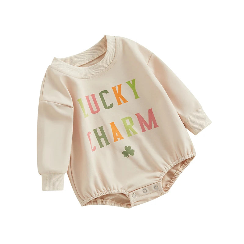 Baby Toddler Girl Boy St. Patrick's Day Bubble Romper Long Sleeve Lucky Charm Shamrock Print Clover Jumpsuit