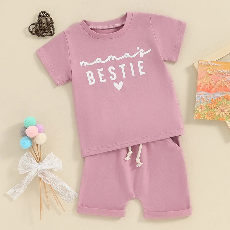 Baby Toddler Kids Girl 2Pcs Mama's Bestie Summer Clothes Set Outfit Heart Letter Print Short Sleeve T-Shirt Top Shorts