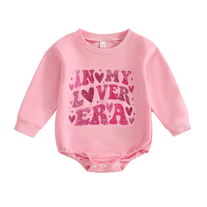 Baby Girls In My Lover Era Valentine's Day Romper Letter Heart Print O-Neck Long Sleeve Bubble Jumpsuit