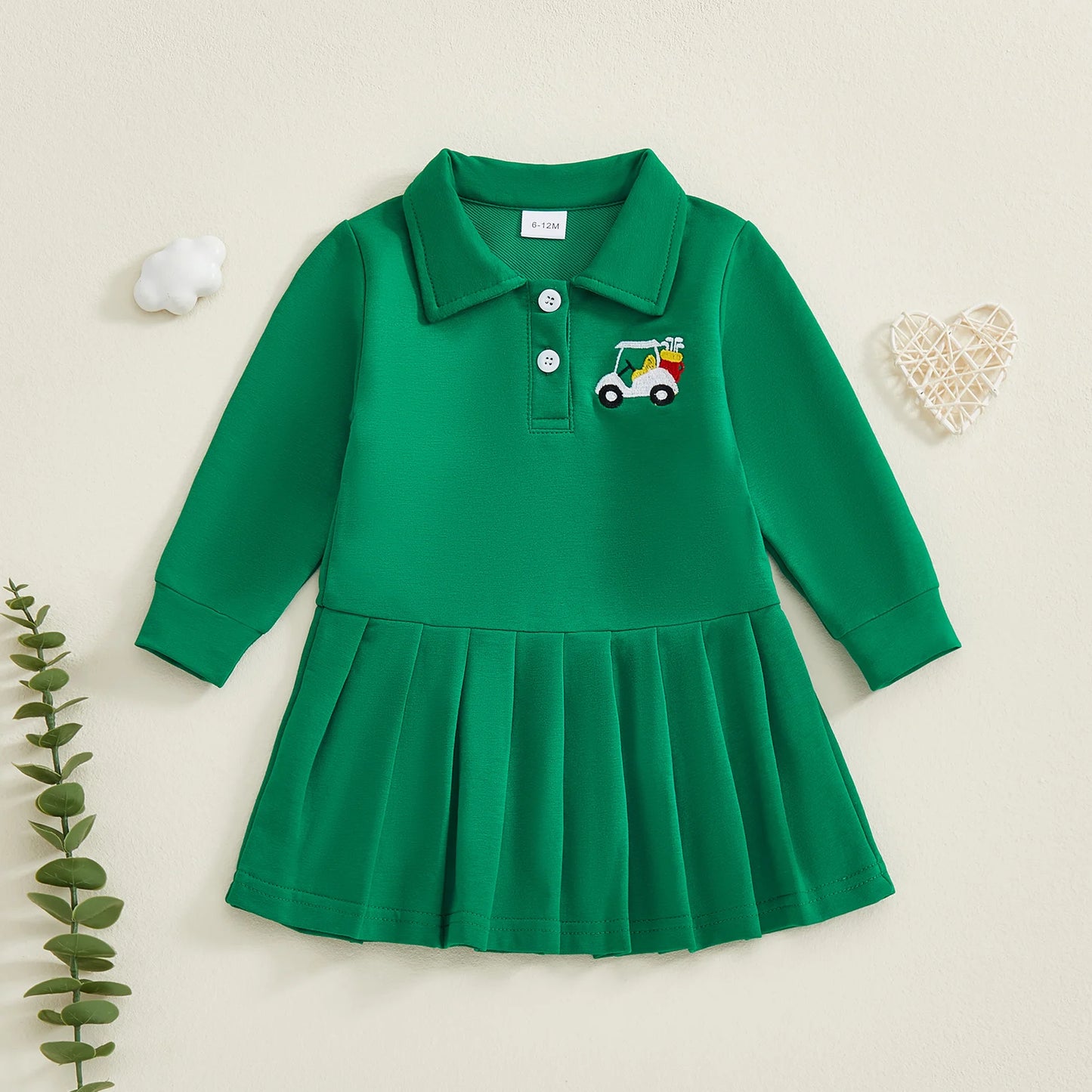 Baby Toddler Girls Casual Dress Long Sleeve Button Closure Embroidery Golf Cart Pleated Fall Dress