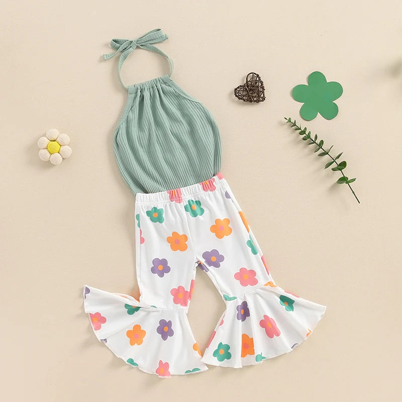 Baby Girl 2Pcs Summer Outfit Tie-Up Halter Neck Sleeveless Romper with Flower Print Flared Pants Set