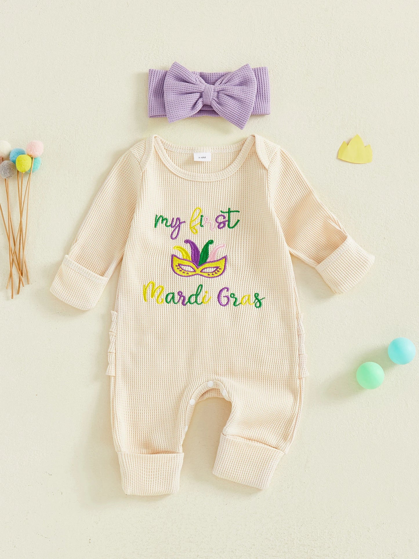 Baby Girl 2Pcs My First Mardi Gras Romper Letter Embroidery Full Length Long Sleeve Crew Neck Bodysuit Bow Headband Set
